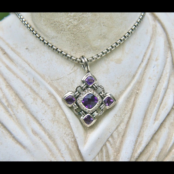 DAVID YURMAN Diamond Amethyst Renaissance Pendant on 18” DY Sterling Box Chain - Picture 2 of 16